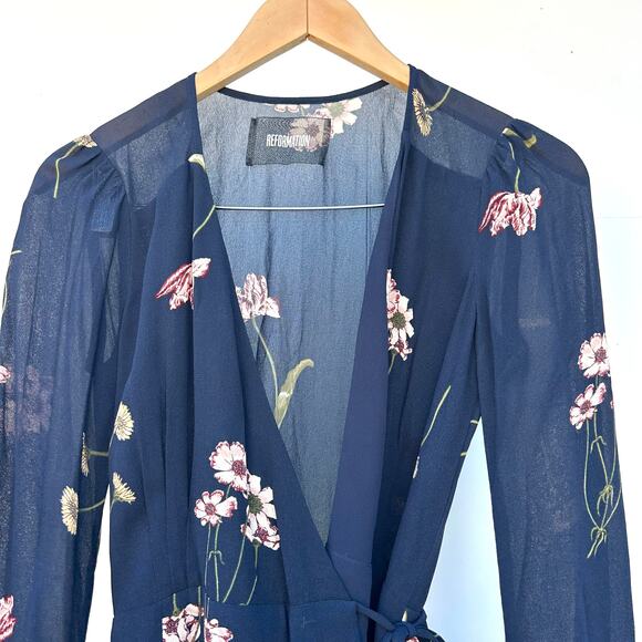 Reformation Long Sleeve Wrap Mini Dress Dark Black Floral Small Fall V-Neck - Picture 5 of 10